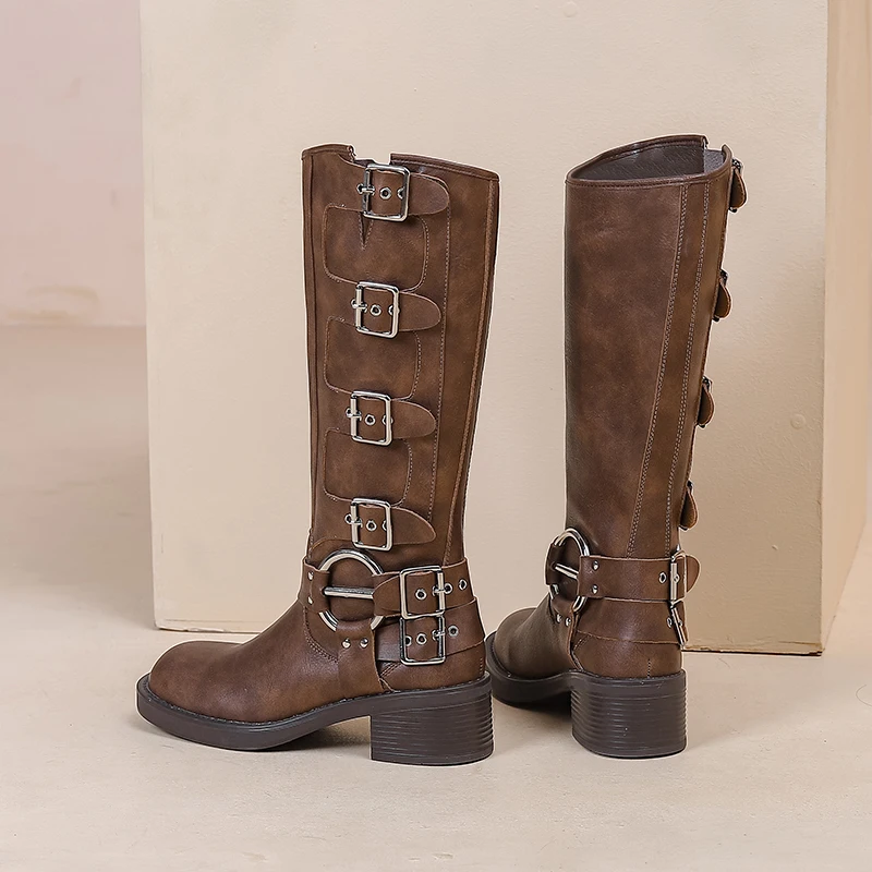 AIYUQI-botas vaqueras con hebilla de cinturón para mujer, botines largos de estilo británico Marton, talla grande 41 42 43, Otoño, 2024