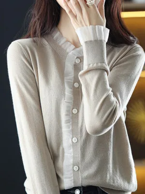 

Women's Knitted Open Cardigan Thin Base irt Long Sve Soft Woolen Coat Soft Commute Sle Low round Ne Button Design