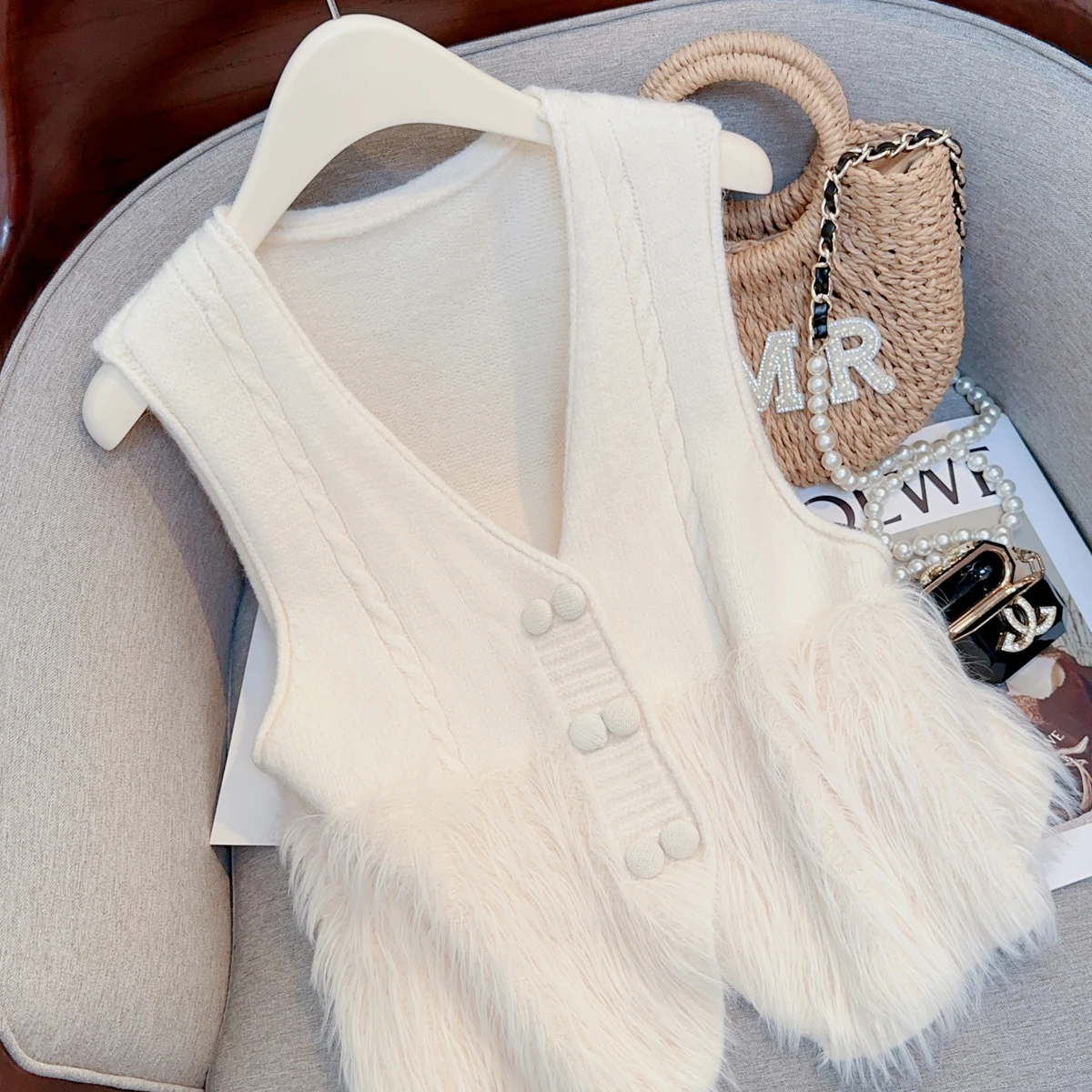 Faux Mink V-neck Knitted Sweater Vests Women Sleeveless Double-breasted Elegant Loose Tops 2023 Autumn Solid Fashion Chic Vest