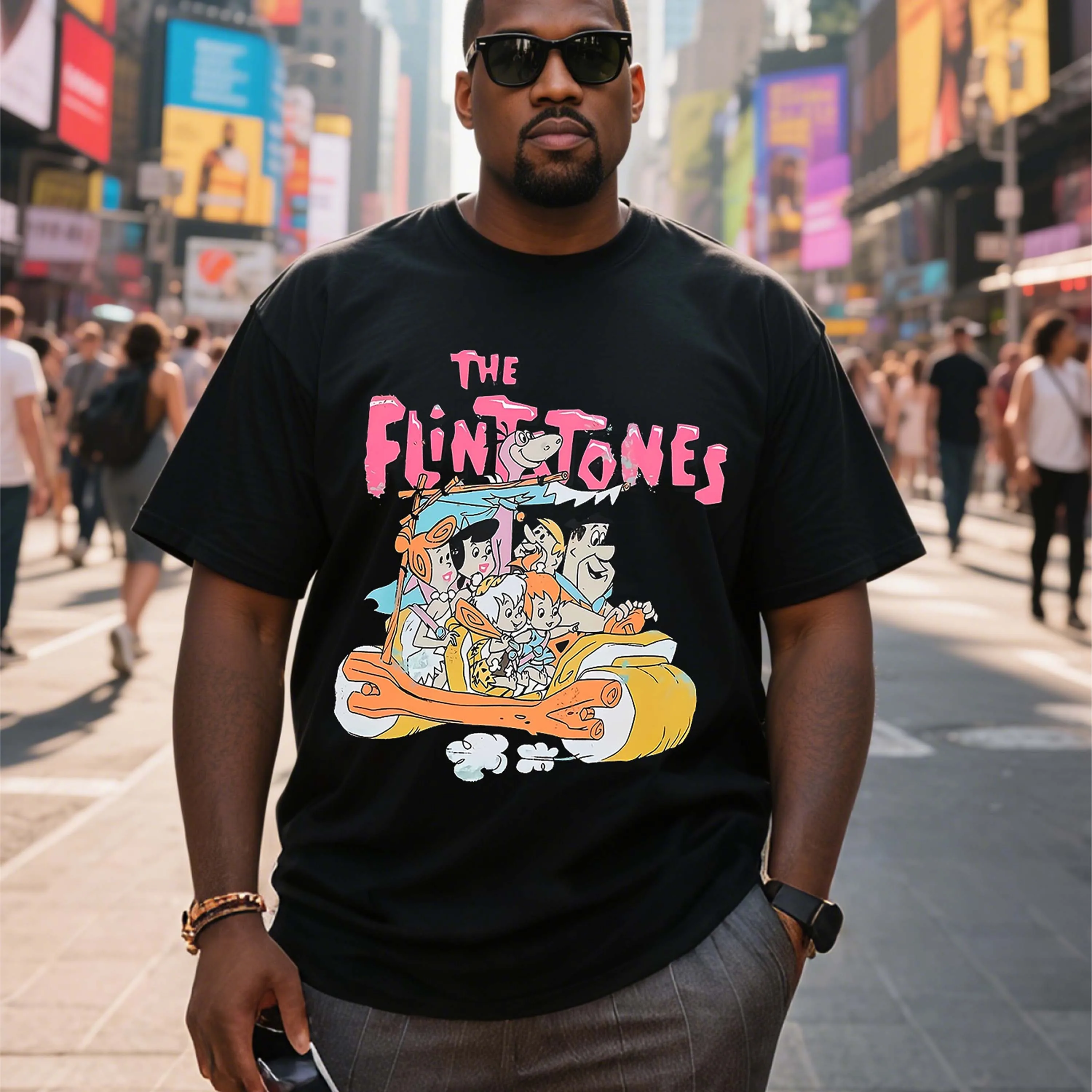 

Черная футболка с короткими рукавами больших размеров с мультяшным узором Flintstones, подходящая для летней одежды для отдыха на открытом воздухе