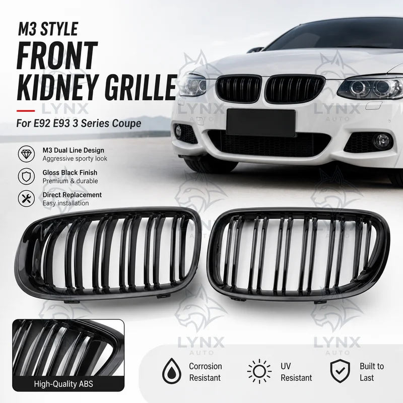 For BMW E92 E93 3 Series Coupe M3 Style Dual Line Gloss Black Kidney Front Grille Modified 07-13 Replacement Tuning