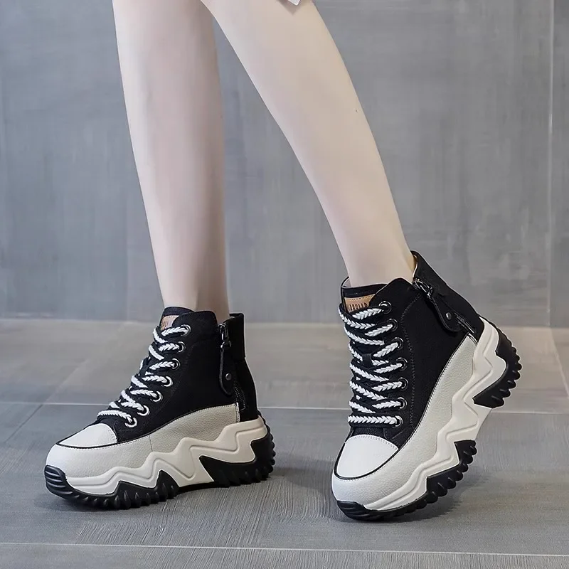 Baskets à plateforme en cuir véritable pour femmes, chaussures noires, bottes de maintien au chaud, bottines d\'hiver, printemps, automne, 2024
