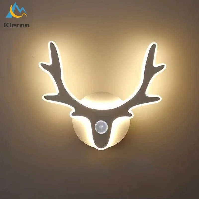 Nordic Modern Smart Deer Head LED Wall Lamp Bedroom Dining Room Body Induction Bedside Wall Lights Living Room Decor Wall Lamps