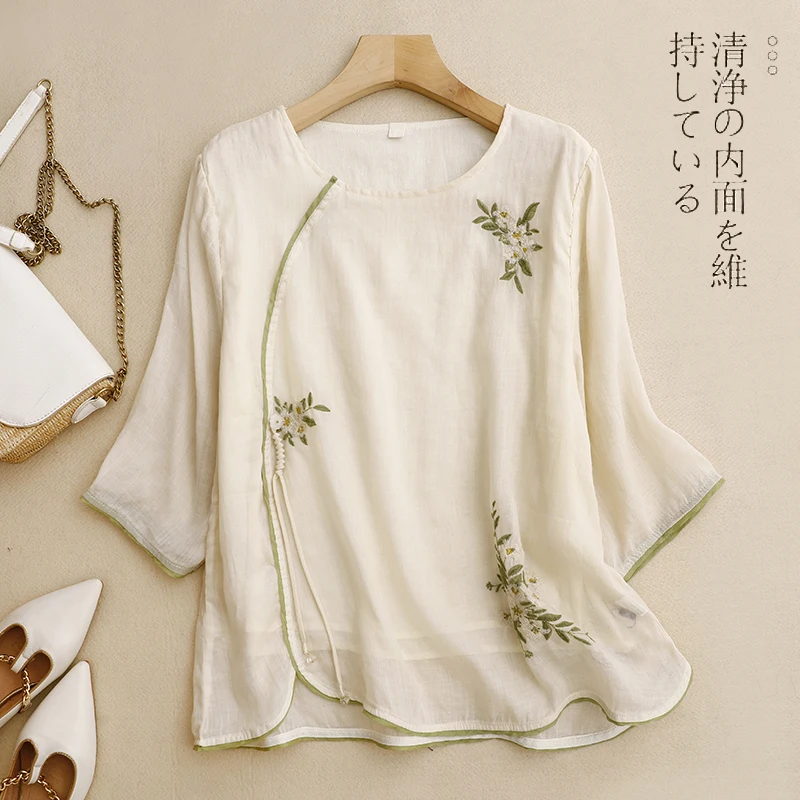 Summer Slanted Lapel Stand-up Collar Women New Chinese Style Embroidery Printing Long Sleeved Loose Comfortable T-shirt A913