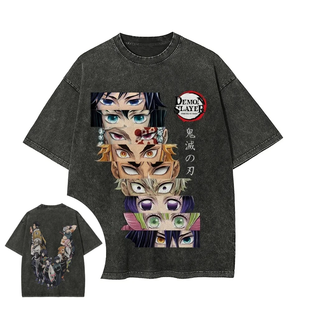 Demon Slayer Herren- und Damen-T-Shirt im Used-Look, Hashira Sommer- und Frühlings-Anime-Shirt, Retro Distressed Loose Fit Vielseitiges Kurzarm-Shirt