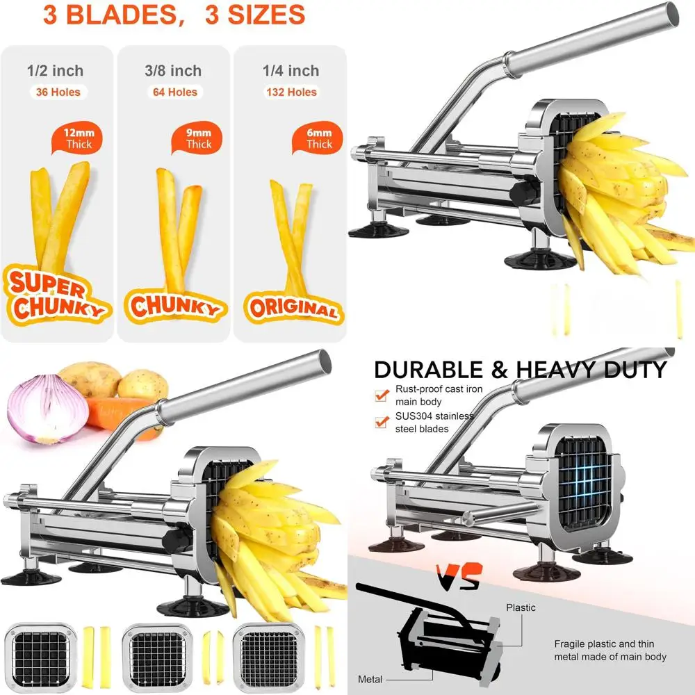 

Ручная картофелерезка из нержавеющей стали с регулируемыми лезвиями для резки 1/2, 3/8, и 1/4