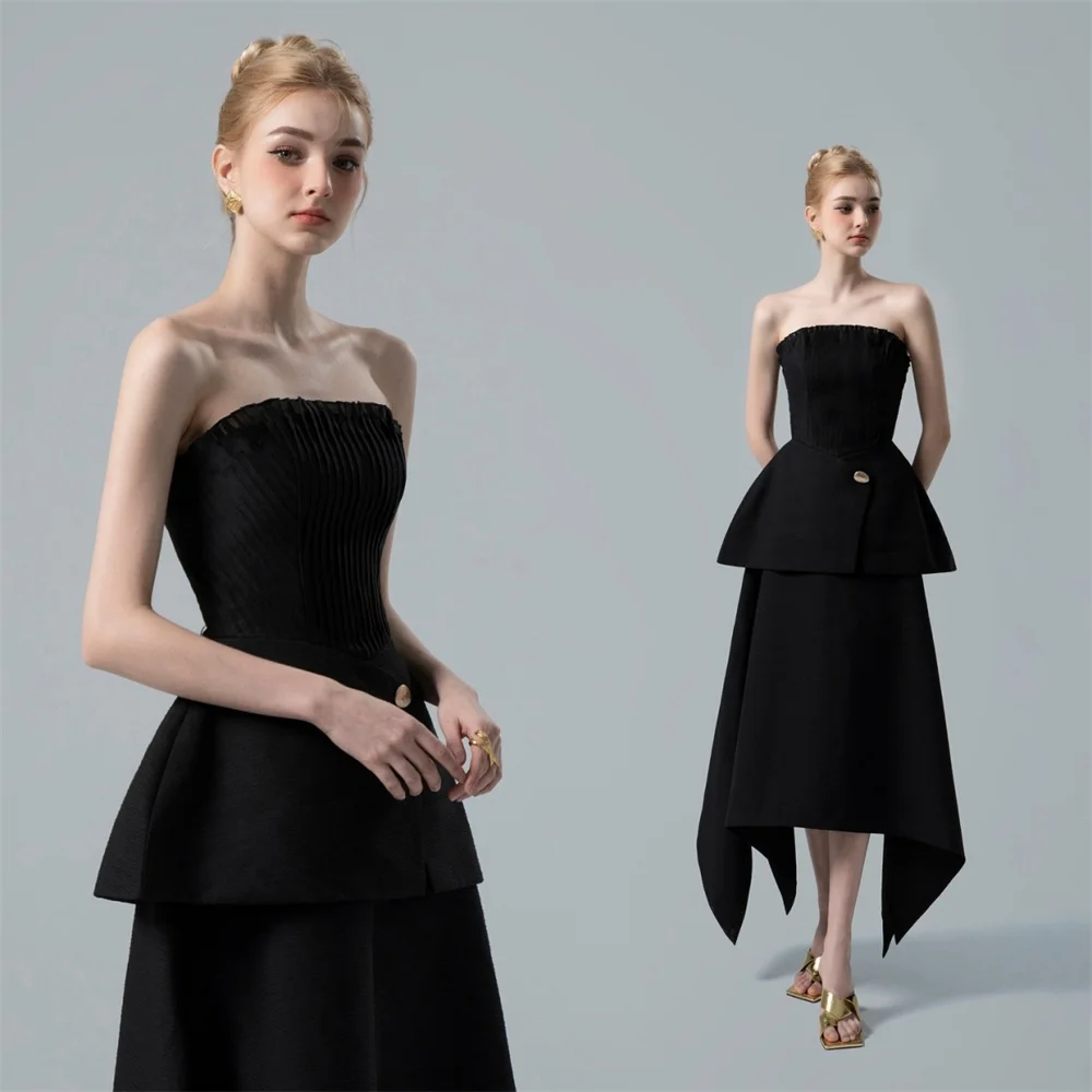 Customized Formal Dress Evening Saudi Arabia Strapless A-line Ankle Length Skirts Layered Draped Sleeveless Bespoke Occasion Dre