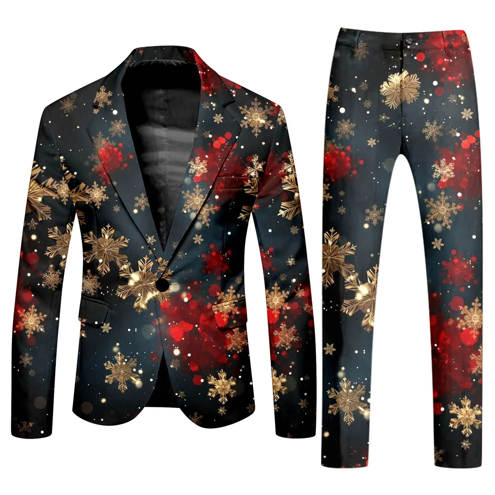 Casual Slim Fit Trendy Comfortable Business Two Piece Suits Christmas Snowflake Printed One Button Suit and Trousers Men