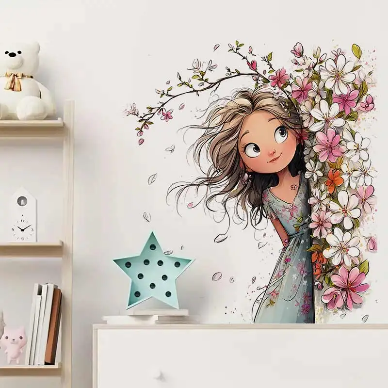 Peeking Girl & Flower Wall Sticker Baby Room Decoration Mural Self-adhesive Bedroom Home Wallpaper Nursery Decor Decals M1569