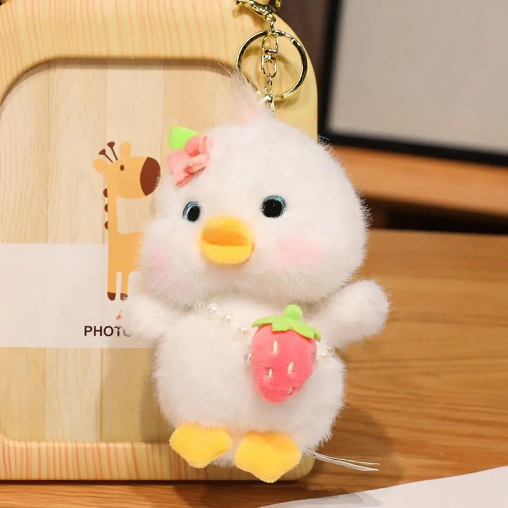 3d Eyes Duck Plush Keychain Hairy Strawberry Pressing Music Plush Pendant Simulation Soft Yellow Duck Plush Keyring Home Decor