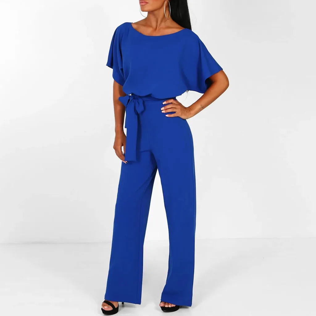 

Women Jumpsuit Elegant Short Sleeve Hollowed Waist Tie Solid Summer Wide Leg Pants Bodysuit Overalls Wide Leg Cropped Pants