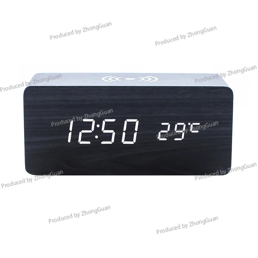 Smart LED Wooden Clock Digital Electronic Alarm Clock, Charging Clock Bedside Wireless Charging Digital Wooden Clock