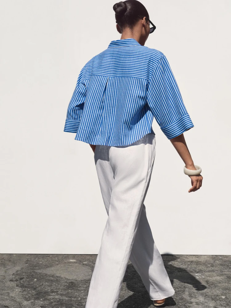 

Casual Linen Women's irt Summer New Sle Striped ort Sve Turn-down Collar All-matching Wide Sve Comfortable Blouse