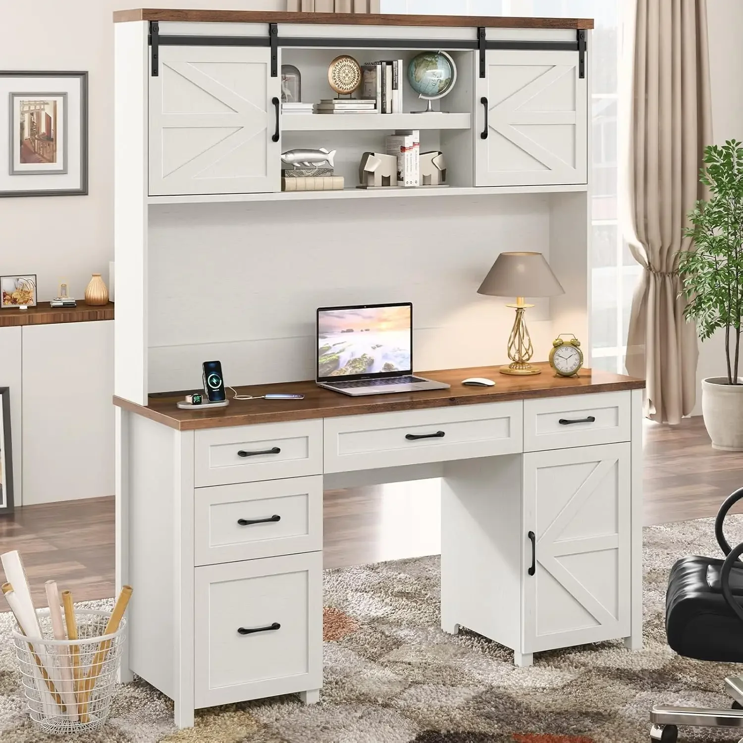 Ferme Bureau exécutif avec huche, bureau avec 5 tiroirs de proximité, bureau d'ordinateur avec armoire de rangement