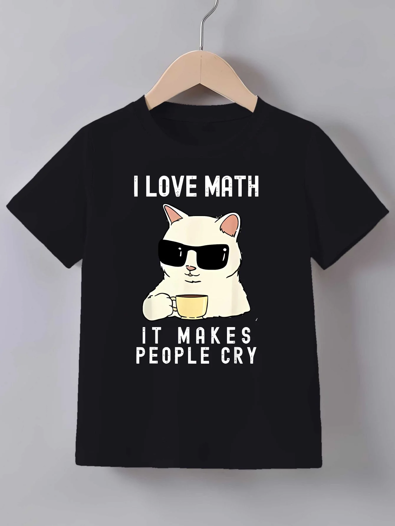Cool Cat I Love Math It Makes People Cry Quote Print T Shirt Outfit Boys Girls Kids Short Sleeve Cartoon Children Daily Tees