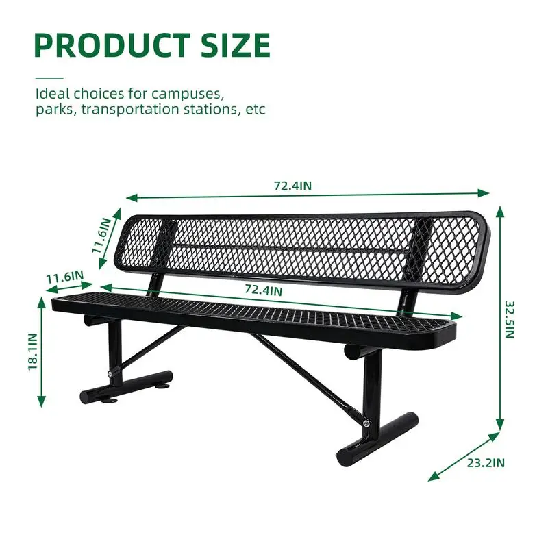 6ft Outdoor Steel Bench with Backrest, Black Finish, Durable & Stylish Garden Seating
