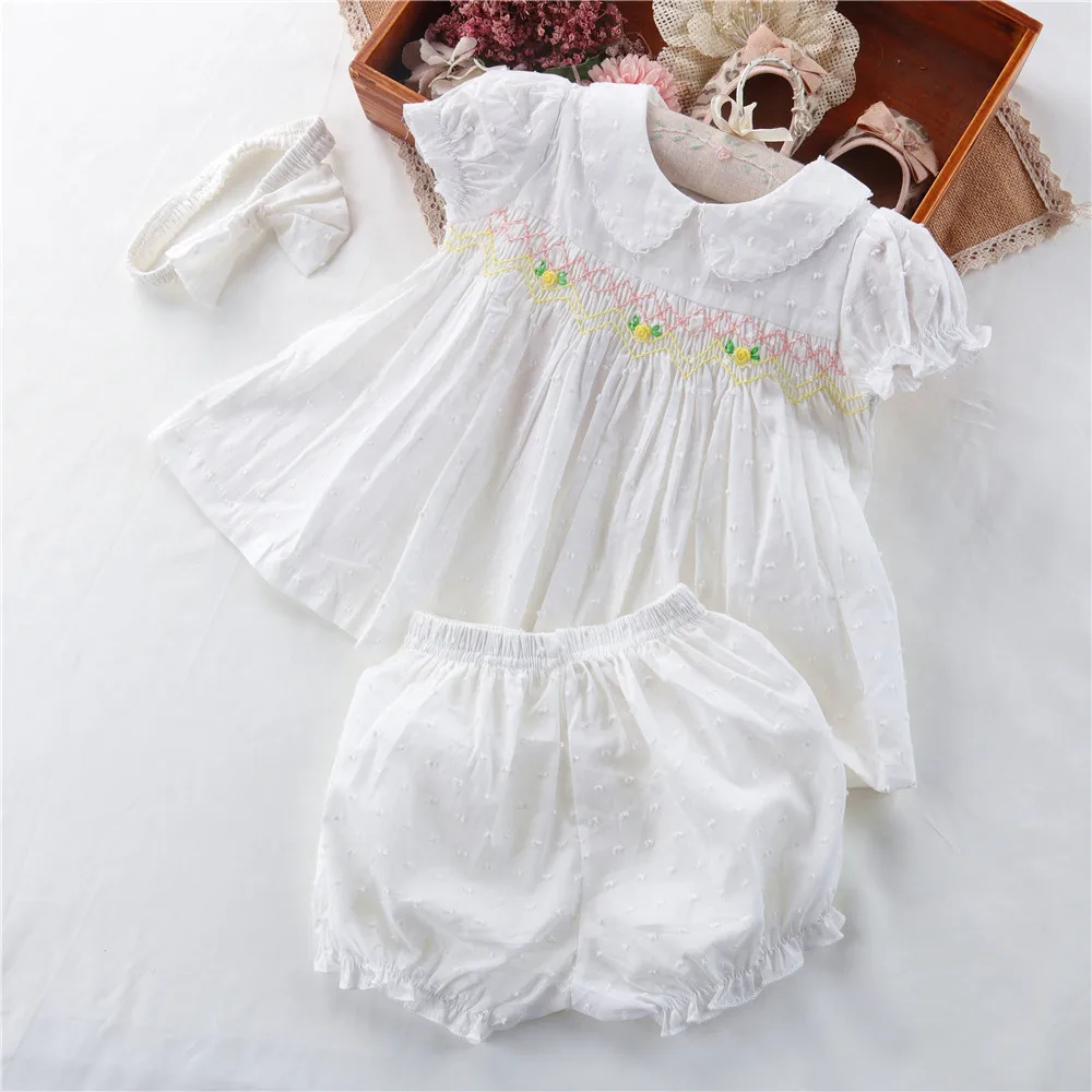 3Pcs Summer Baby Girl Smocked Floral Dress Sets With Shorts Headband Infant Toddler Embroidery Boutique Spanish Princess Dress