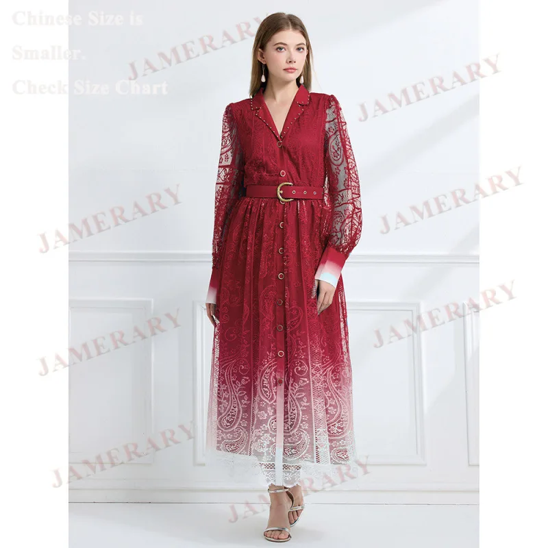 エレガントな秋のロングスリーブ花柄マキシドレスシャツ、女性用、透かし彫り刺繍レースドレス、パーティーブランド