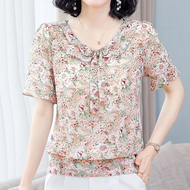 Elegant Fashion Floral Printed Bow Ruffles Chiffon Shirt Summer 2023 New Ruffled Neck Short Sleeve Loose Blouse Women\'s Clothing