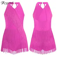 Disfraz de baile latino Cha-cha Samba Salsa para niñas, vestido de leotardo con flecos y diamantes de imitación, mono sin mangas con tiras en la espalda y borlas