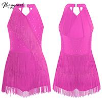 Kids Girls Latin Dance Cha-cha Samba Salsa Costume Rhinestones Fringe Leotard Dress Sleeveless Strappy Back Tassel Jumpsuit