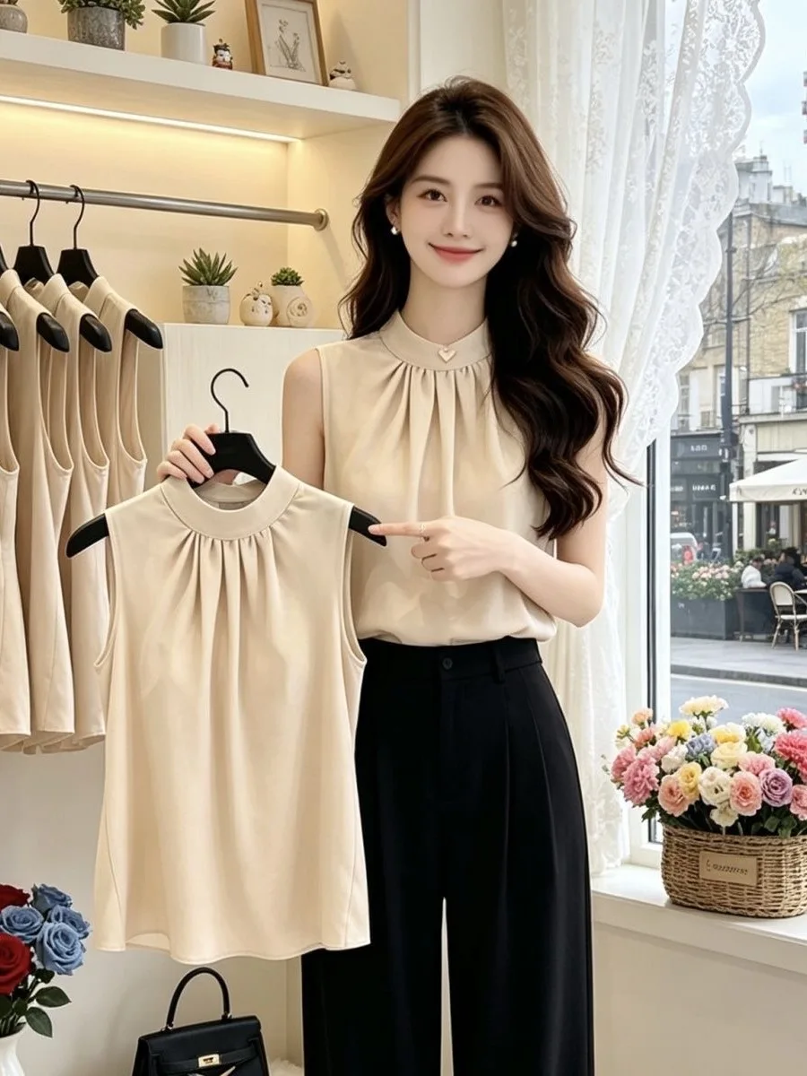

Elegant Chiffon Shirt Women's Summer Fashionable Unique Beautiful Hanging Neck Design French Style Loose Fit Sleeveless Top