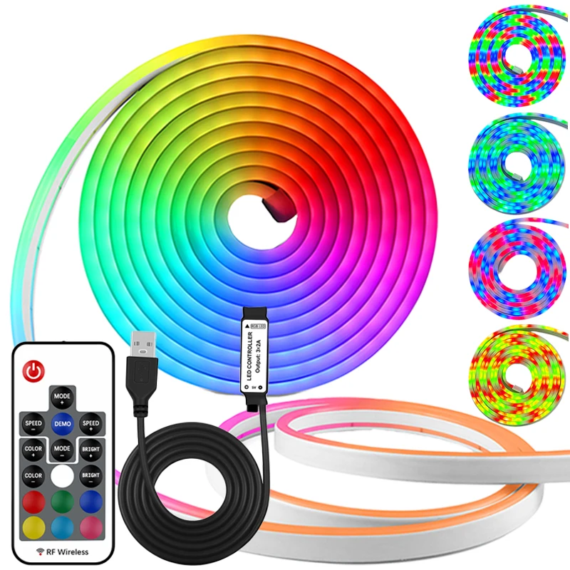 Neon RGB Rope Lights with RF Remote 3m/9.84Ft 5V USB Neon Rope Lights RGB Neon Lights Gaming Led Neon Strip Lights for Bedroom