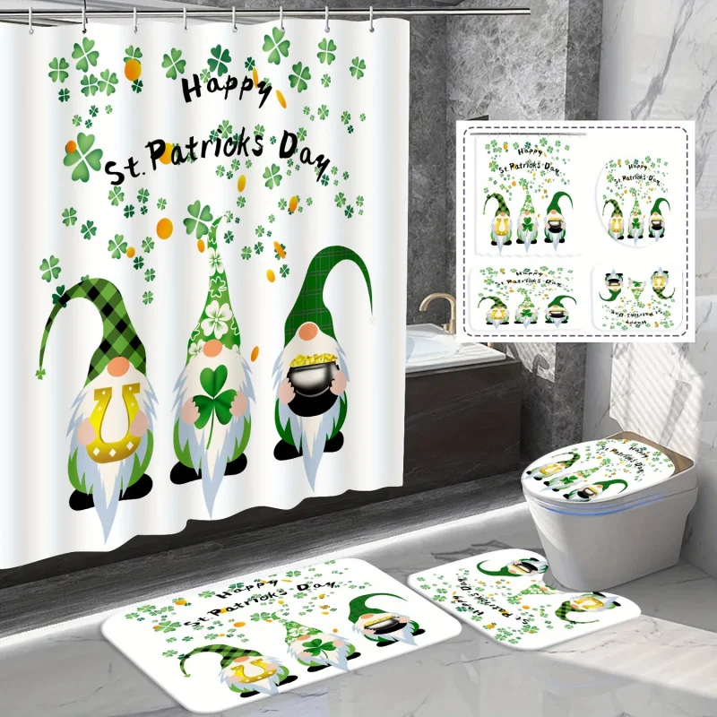 1/4PCS Green Gnomes Shower Curtain Set, Green Clover Leaf St Patrick's Day Pattern, Non-slip Bath Mat, Toilet Cover Pad And U-sh