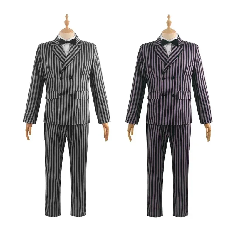 

Movie Gomez Addams Cosplay Costume Adult Black Purple Uniform Men Long Sleeve Coat Pants Halloween Carnival Party Suit