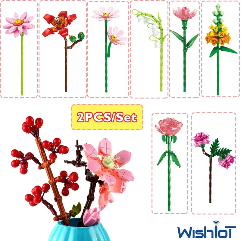 

2PCS/Set Simulation Flower Model Building Blocks Peony/Daisy/Rose Room Decorative Plants Assembled Toys MOC Small Bricks Gifts