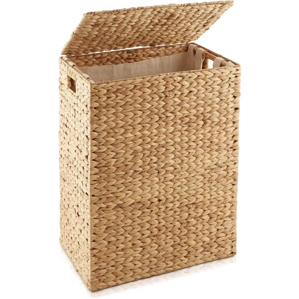 Large Laundry Hamper with Lid and Removable Liner Bag - Natural, Woven Water Hyacinth Rectangular Laundry Basket Sorter