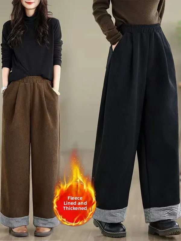 Pantaloni invernali nuovi vintage da donna larghi foderati in Fce pantaloni casual a gamba dritta in velluto a gamba larga a vita alta taglio dritto