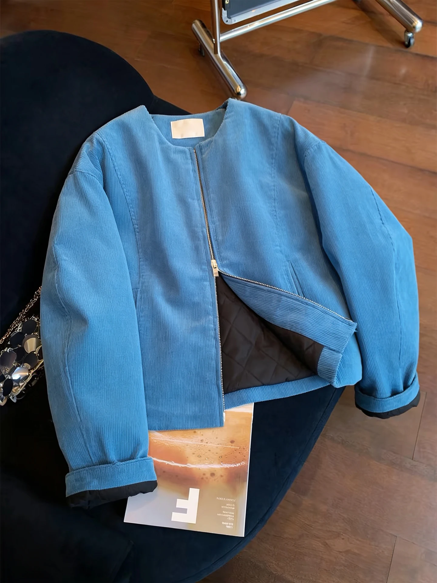 

Blue Zipper Cotton Jaet Women's Autumn Winter Loose Warm round Ne Coat Faionable European Sle Thermal Outerwear