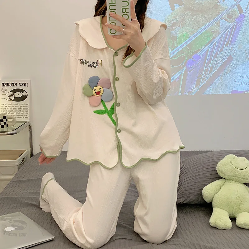

Can Be Worn Out In Spring And Autumn, New Japanese Style Women's Loose Casual Pajamas Trousers, Long Sleeve Buttons, Two-piece H