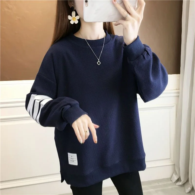 New Autumn Fashion Hanban Waffle Print Round Neck Loose Large Versatile Slim and Simple Women's Long Sleeve Casual Sweater