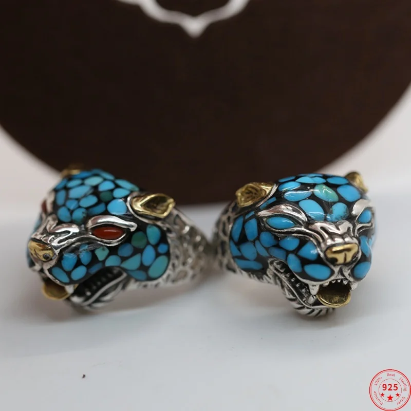 

S925 Sterling Silver Charms Ring for Men Never Fade Contrast Colored Lopard Heads Inlaid Turquoise New Fashion Jewelry Wholesale