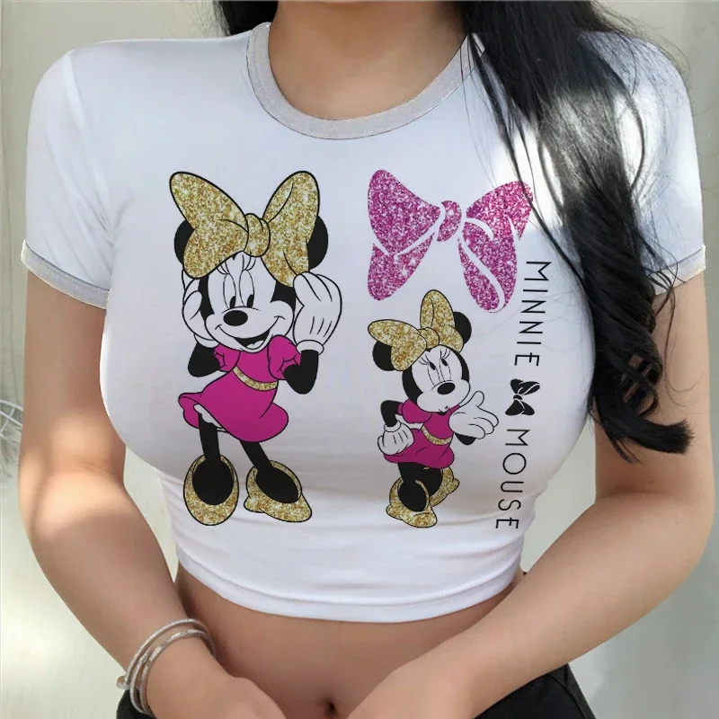 เสื้อยืด Disney-Mickey Y2K ของผู้หญิงเสื้อยืดแฟชั่นฤดูร้อนชายหาดเสื้อครอปสตรีเซ็กซี่คุณภาพสูงเสื้อผ้าผู้หญิงหลวม3D แห้งเร็ว