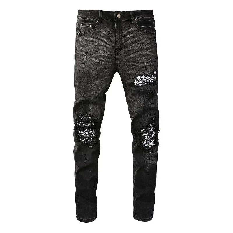 

European and American Men's New Trendy Brand Skinny Jeans with Patched Holes and Slimming Effect, Featuring Paisley Splicing.