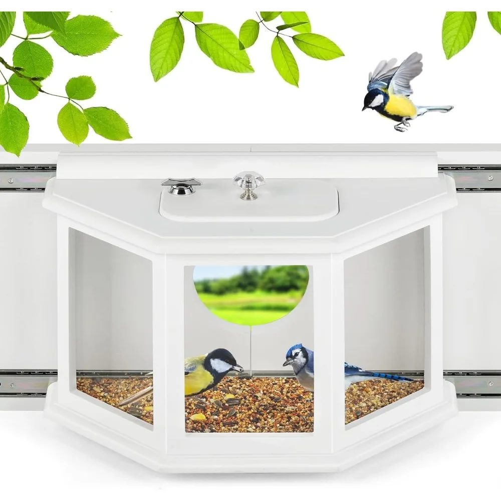 

Оконная кормушка для птиц внутри дома, кормушка для птиц, окно 180 ° для оглядовой рейки, раздвижной шкафчик с защитой от белки, простая сборка