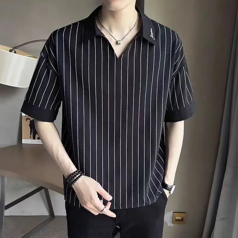 

Male Polo Shirts White Black V Neck Striped Quick-drying Summer Wholesale Music Cheap Clothes Slim Fit Mens With Collar T-shirt