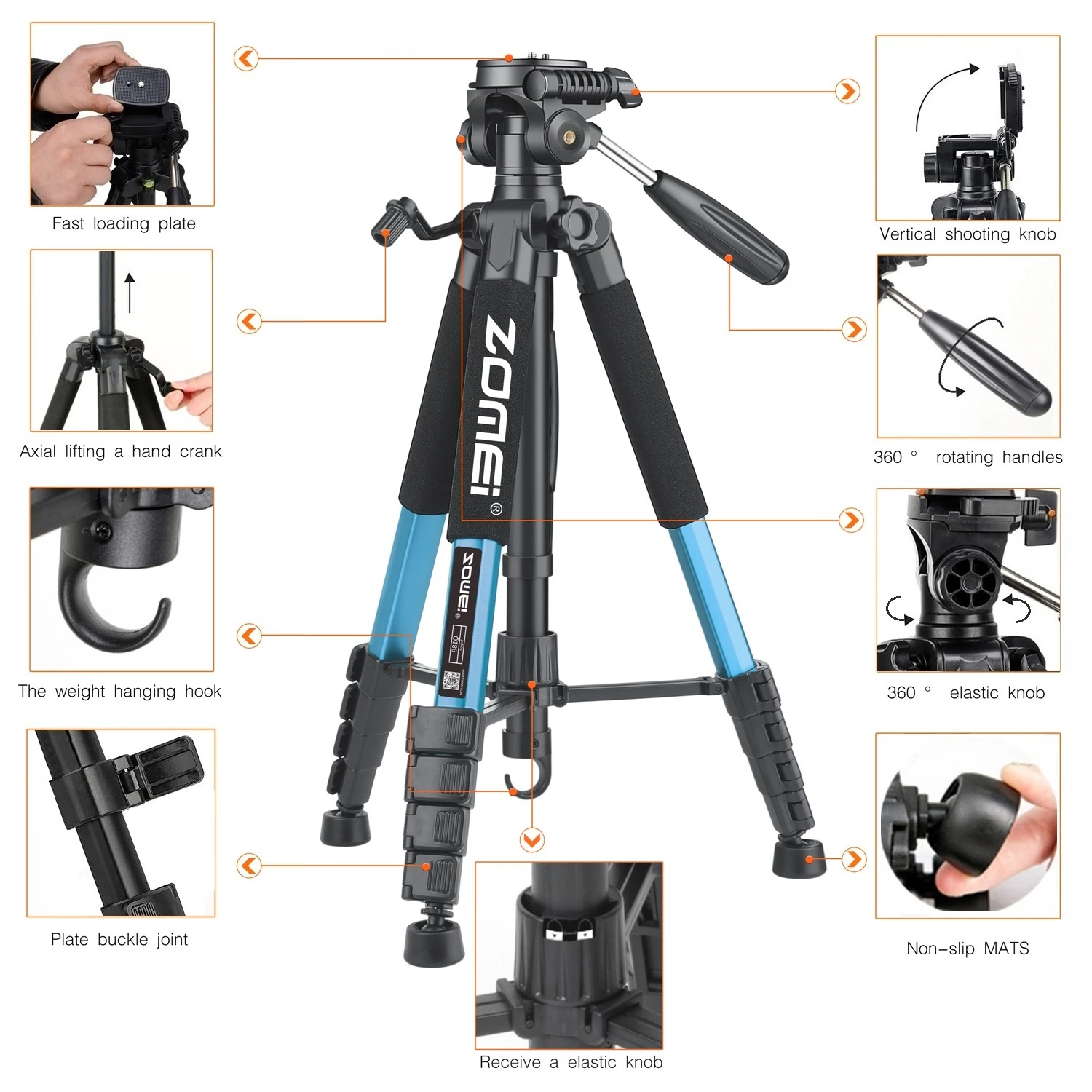 74\'\'/187cm Zomei 360° Panorama Professional Camera Aluminum Alloy Tripod Stand for Mobile Phone Digital Camera Canon Nikon Video
