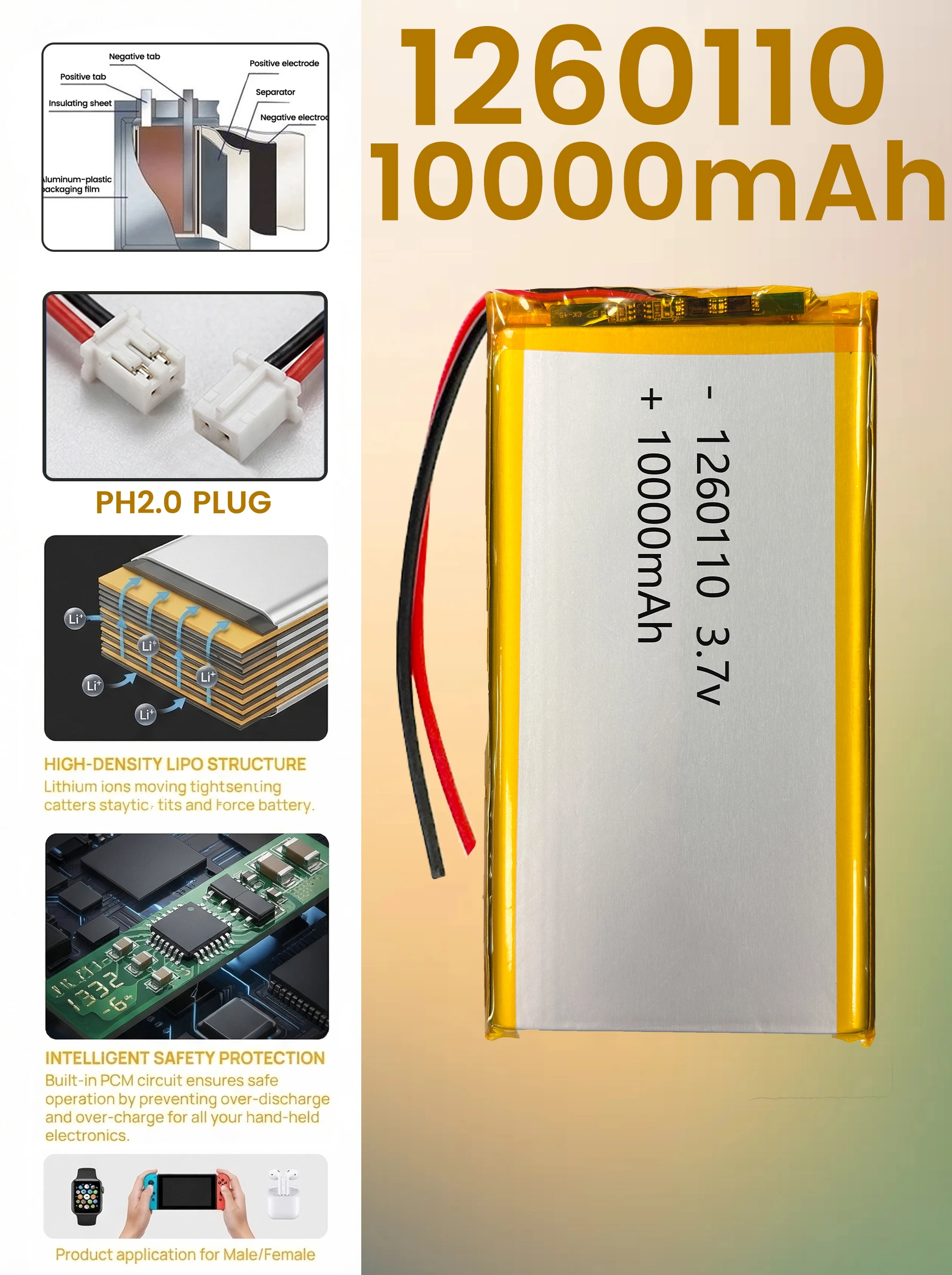 

Литий-ионный полимерный аккумулятор 3.7V 10000mAh 1260110 для пультов дистанционного управления, мобильных устройств аварийного питания, GPS-трекеров