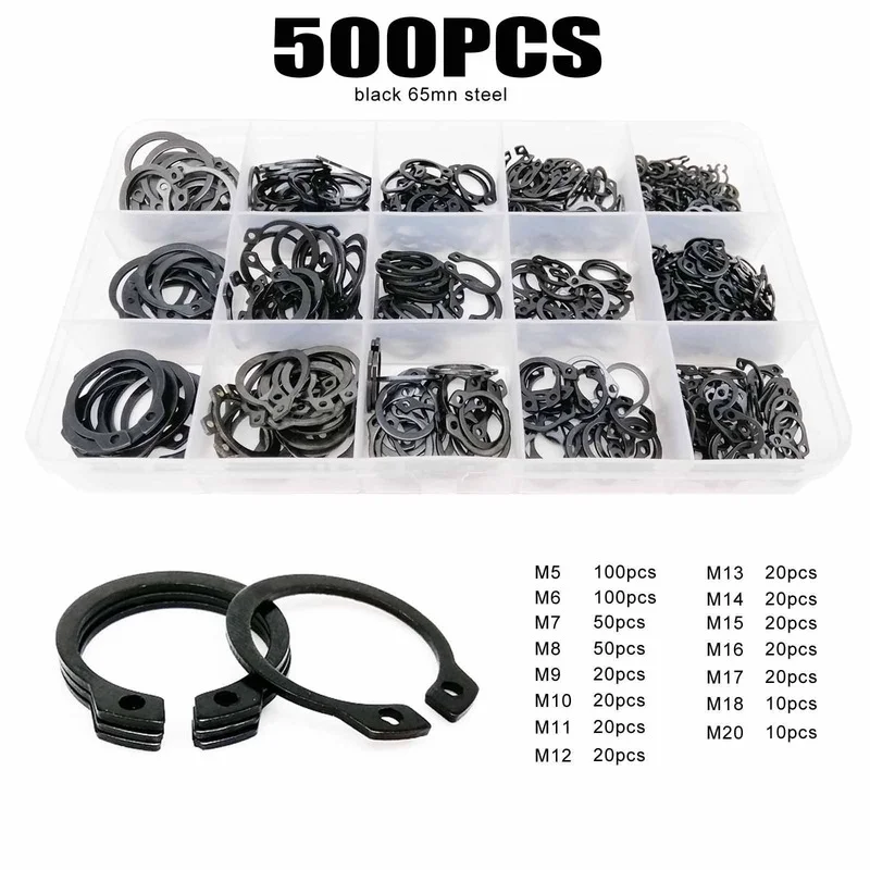 Kit Surtido de 500 Anillos de Retención Externos Tipo C de Acero Inoxidable Negro 65mn, de M5 a M20, para Ejes y Rodamientos