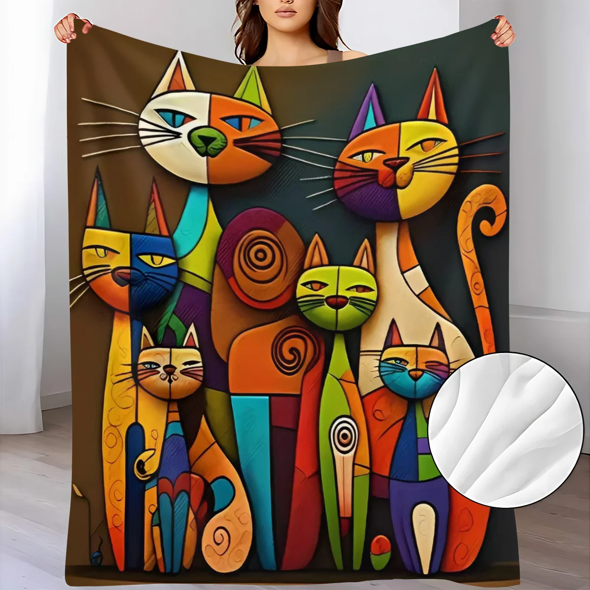 A Flannel Blanket Featuring a Cartoon Animal Rainbow Cat Design, Soft And Warm for Afternoon Naps, Suitable for Sofas, Beds, Tra