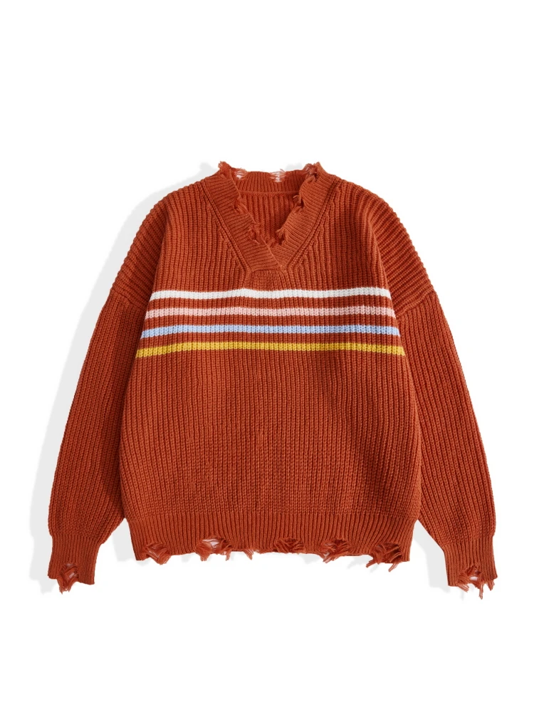 

ONELINK Red Rough Raw Edge Hem V Neck Plus Size Autumn Winter 2022 Luxury Suede Wool Pullover Women Sweater Oversize Clothing