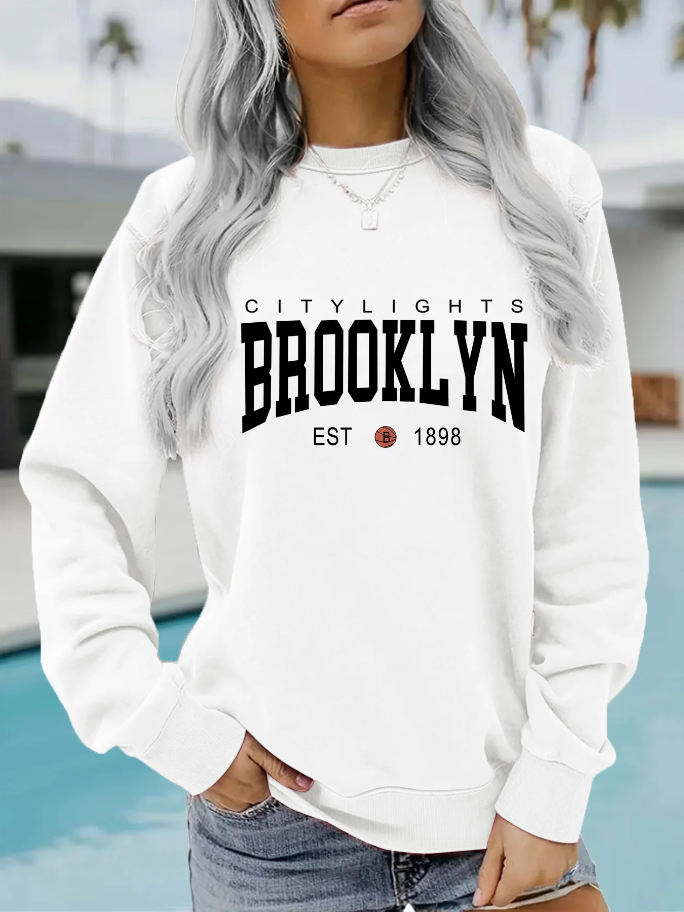 가을과 겨울 여성 캐주얼 긴팔 라운드넥 BROOKLYW 프린트 풀오버 스웨트셔츠 및 후드티