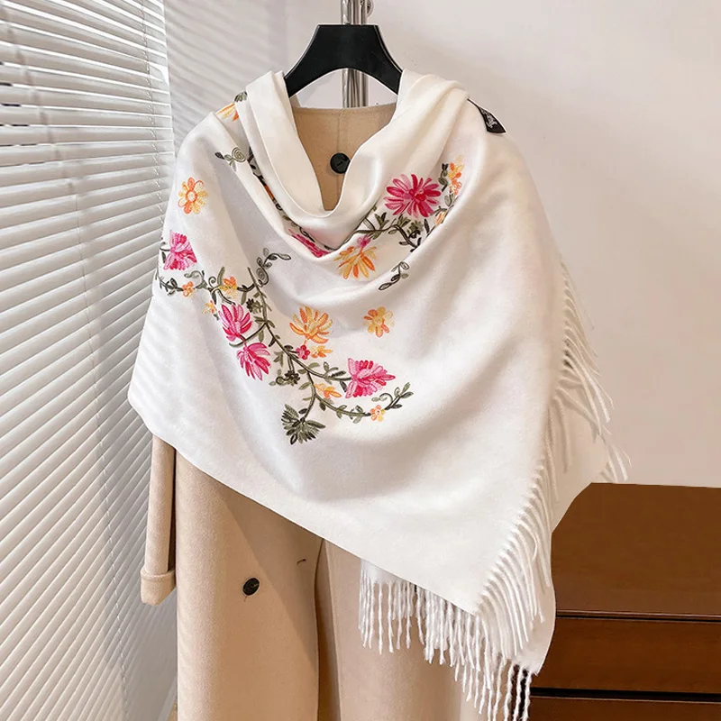 2024 Brand Fashion Embroidery Scarf Elegant Women Winter Thick Warm Neck Pashmina Long Fringe Scarves Lady Blanket Soft Shawl