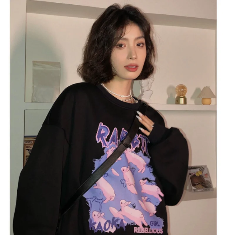 

Women Clothing Vintage Street Pullover Rabbit Letter Printing Long Sleeves Casual High Street Oversize Baggy Ladies Tops Autumn