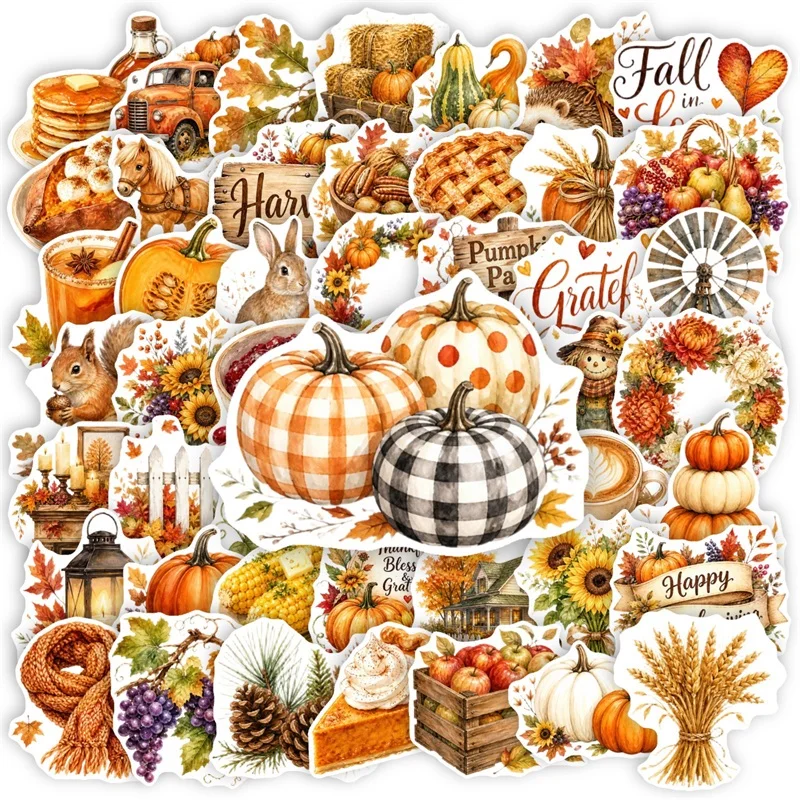 50PCS Colorful Thanksgiving Pumpkin Sticky PVC Sticker DIY Laptop Luggage Skateboard Decoration Stationery Scrapbooking