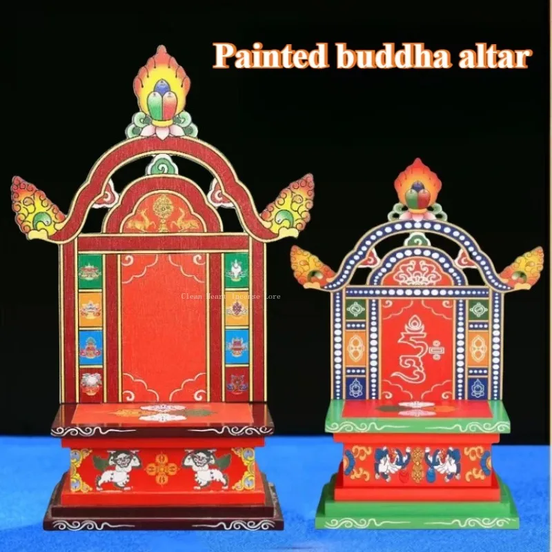 3/5 Inch Base Solid Wood Colored Drawings Buddha Statue Tabletop Household Temple Buddhist Buddha Statues Display Offering Stand